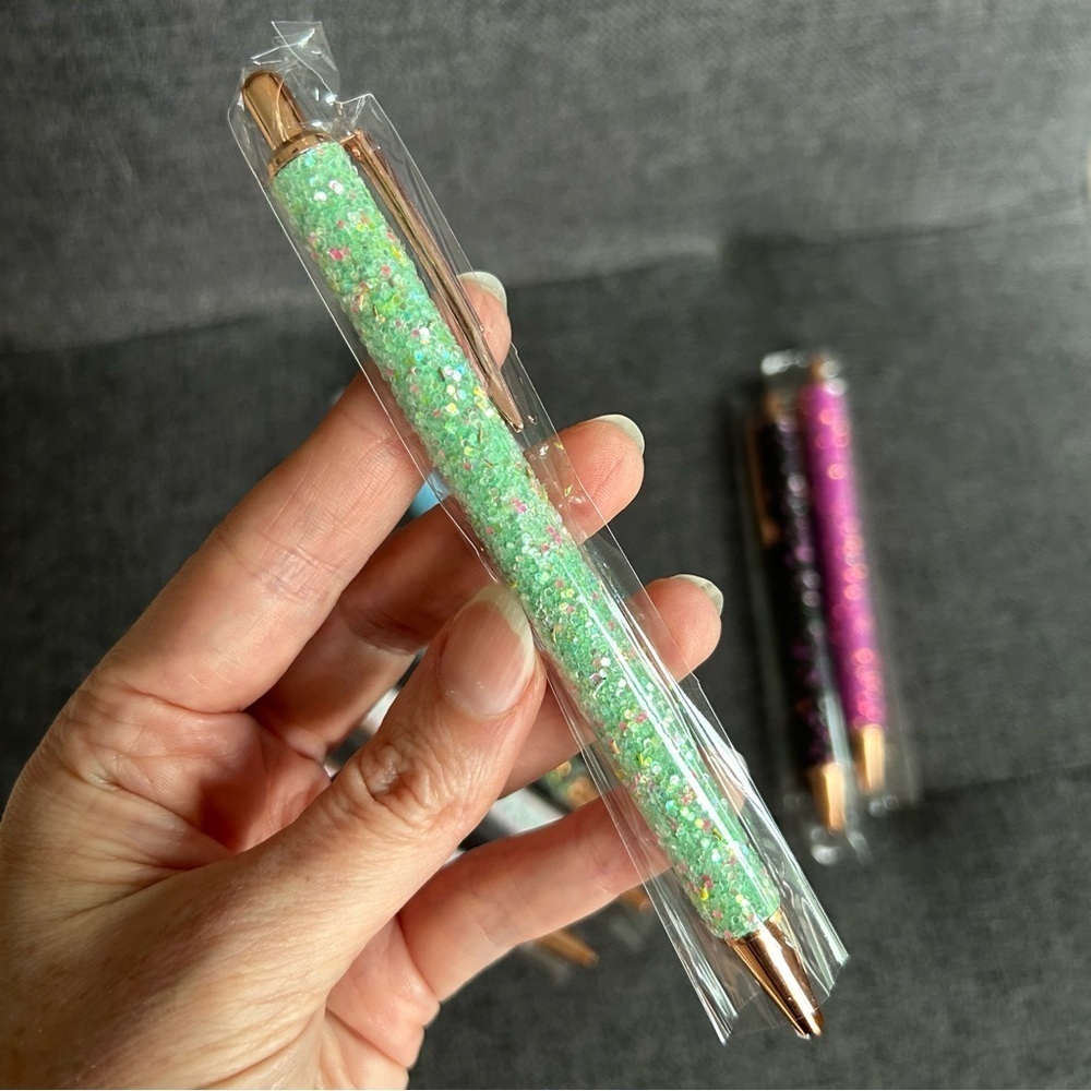 SPARKLY GREEN Fancy Sequin Glitter Ballpoint Pen, Rose Gold Metal, Black Ink
